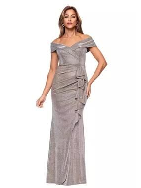 NWT Xscape Off the Shoulder Ruffle Front Glitter Knit Gown Size 8